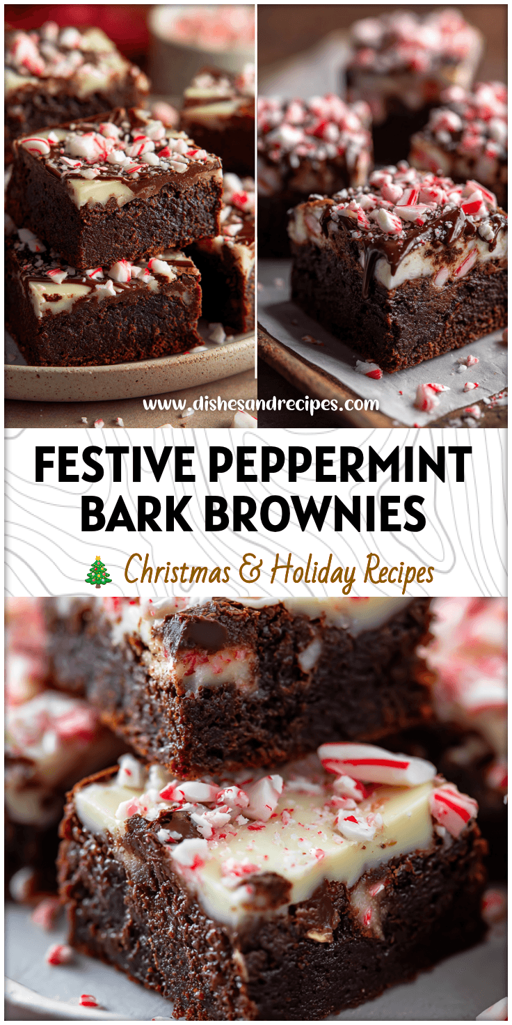 A plate of fudgy peppermint bark brownies topped with crushed candy canes and melted chocolate.